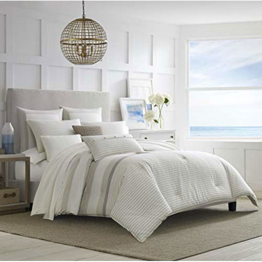 Nautica Duvet Comforter Set Queen Size Reversible w/shams Beige Cotton Stripped